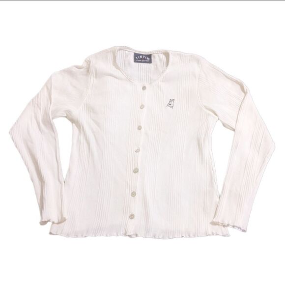 TinTin White Ribbed Button Up Lettuce Hem Top Girl's Size 14 - Picture 1 of 8